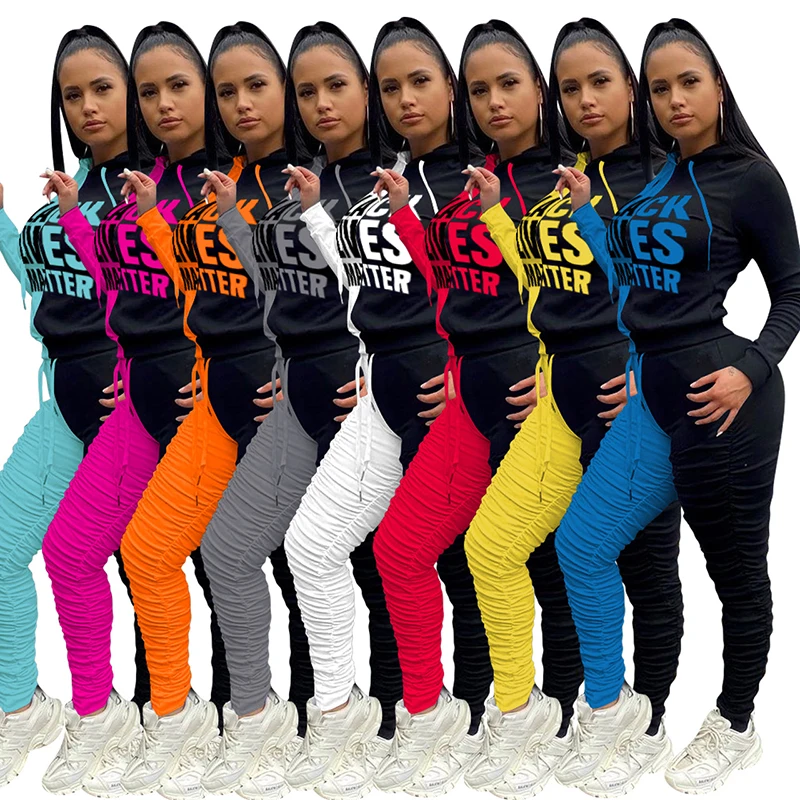 

Autumn Winter Spliced Letter Print Thick Plus Size Two Piece Set Pleated Pants Two Piece Sport Set Hoodie Sets Women