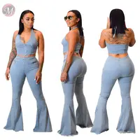 

9082717 fashion sexy halter backless crop top sleeveless washed denim jumpsuit two piece flared pants women jeans set