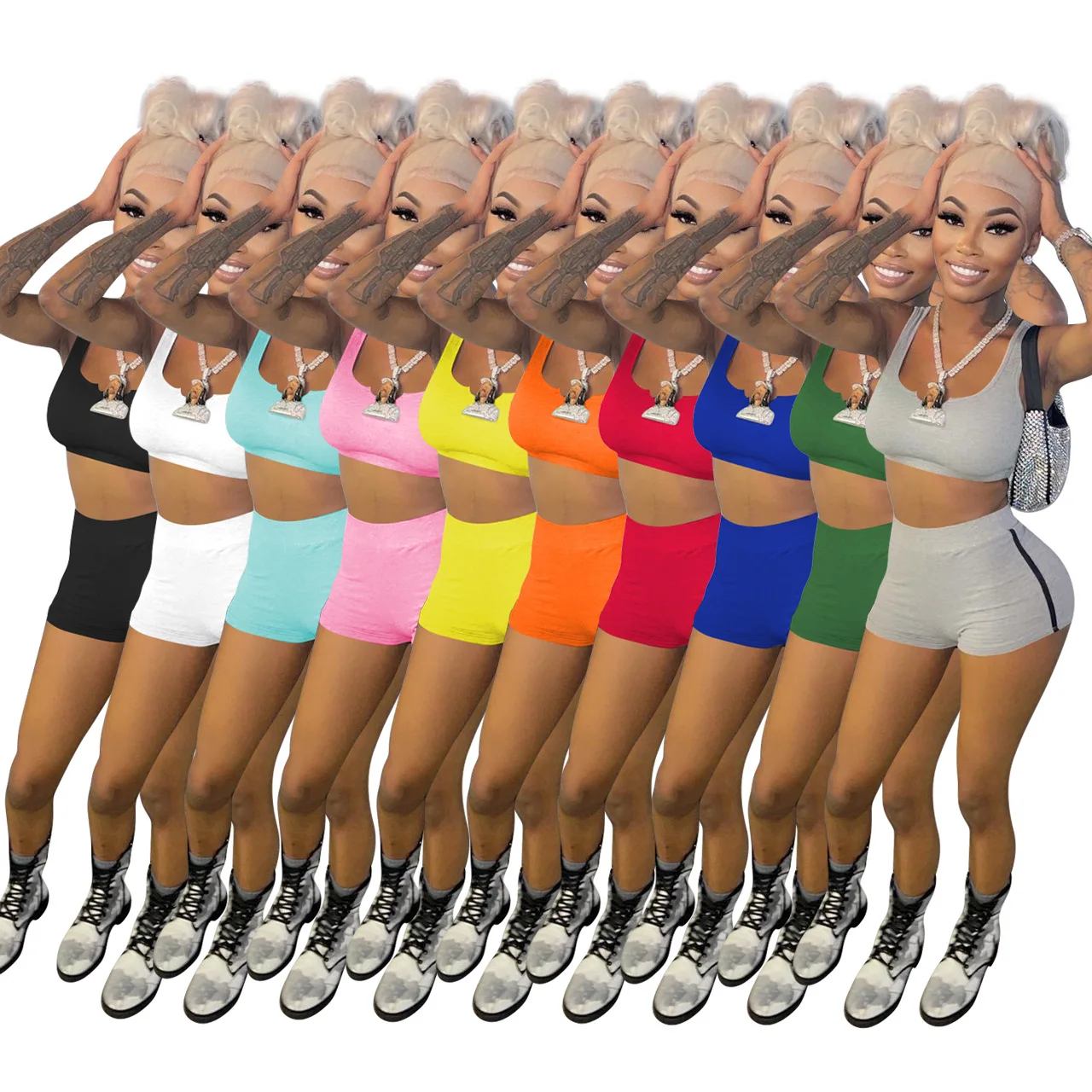 

Wholesale Custom Summer 2021 Sport Wear Solid Color Casual 2 Piece Set Women, As the picture or accept color custom