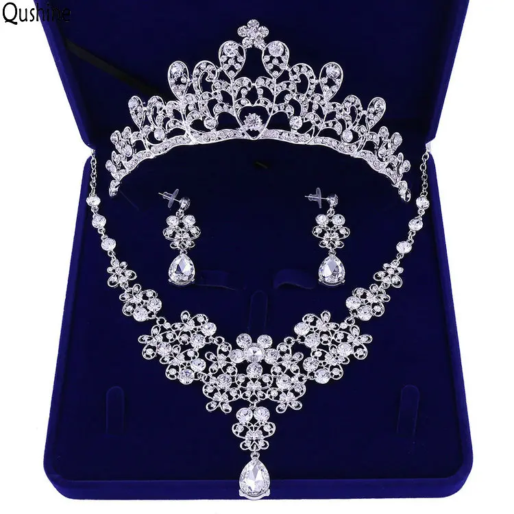 

Qushine Crown Necklace Earrings Wedding Bridal Tiaras Rhinestone Jewelry Set