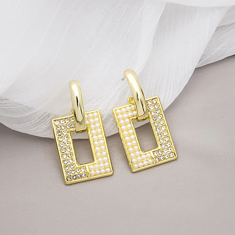 

Best china low price small fragrant wind square pearl diamond stud earrings elegant full diamond silver needle earrings