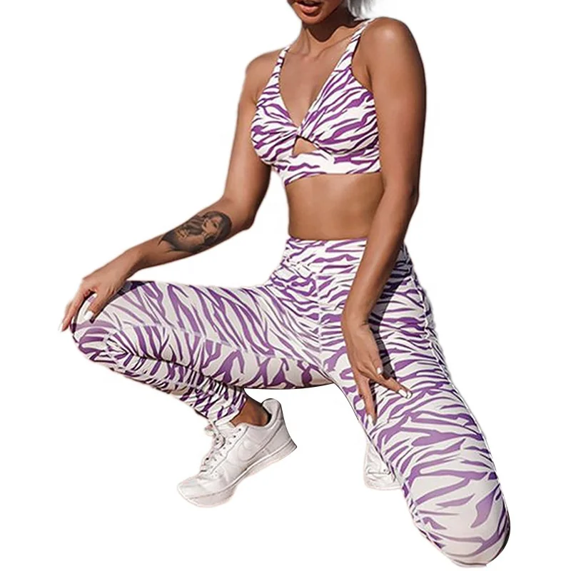 

New top rated stripe digital zebra pattern printing fitness 2 piece soft strappy yoga set