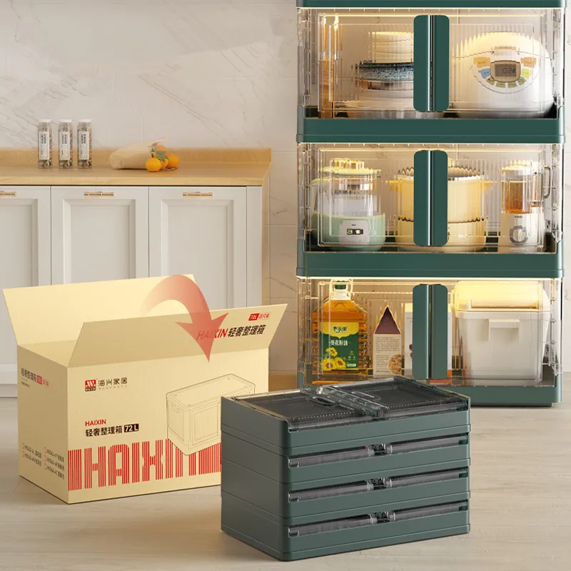 

Haixin Hot Selling Factory Price Plastic Stacking Double Transparent Door Clothing Storage Folding Box With Wheels For Organizer, Customized welcome