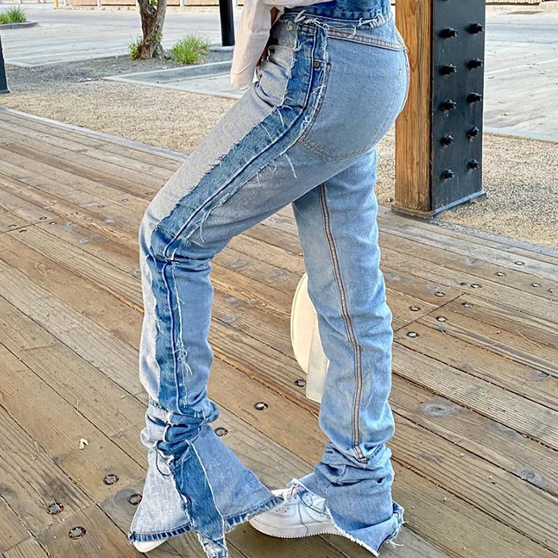 

Inside-Out Stacked Women Flare Jeans 2020 High Waist Slim Pockets Blue Demin Pants Autumn Streetwear Female Long Trousers