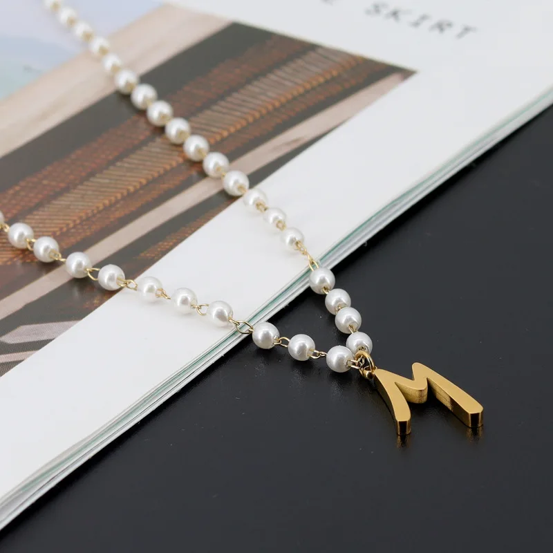 

French Style Letter Necklace Pearl Initial Necklaces 18k Gold Plated Stainless Steel Necklace