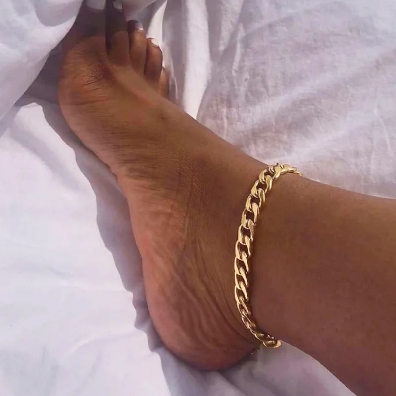 

18K Gold Plated Cuban Chain Ankle Bracelet Hips Hops Stainless Steel Miami Cuban Chain Cuban Anklet