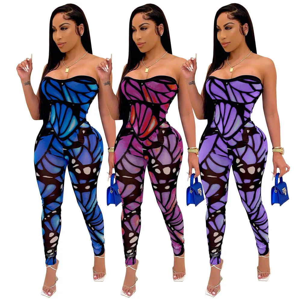 

2021 Latest Summer Off Shoulder Backless Sleeveless Print Sexy Bodycon Tube Top Women One Piece Jumpsuit, Pictures showed