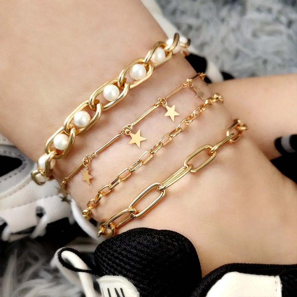 

Boho Ins Multilayer Figaro Chain Star Anklet For Women Baroque Pearl Link Year Letter Pendent Foot Anklet, Gold silver plated