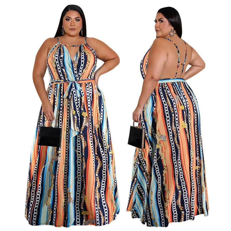 

Plus size bohemian maxi dresses loose sleeveless spaghetti strap maxi dress halter chain print sexy party women's maxi dresses
