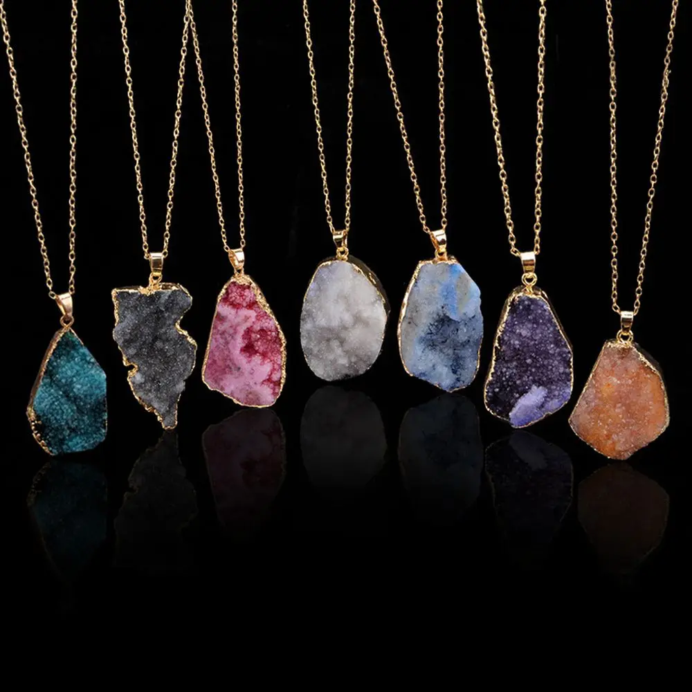 

Fashion Design Original Natural Rough Uncut Stones Crystal Pendant Gold Chain Beautiful Women Druzy Necklace, Black,white,orange,blue,pink,green,purple