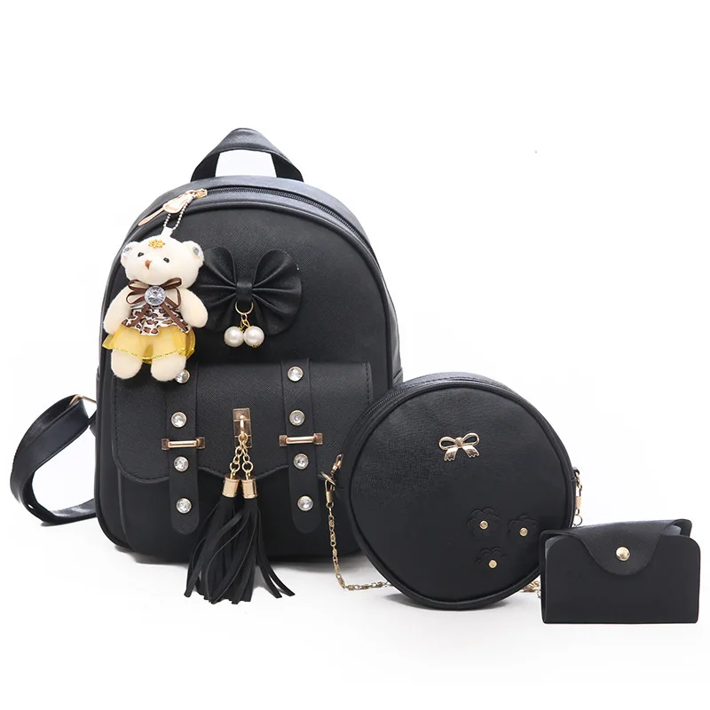 

Fashion Simple Bow Tassel Hasp Three-Piece Sets Women Backpack, Black/gray/pink/ beige