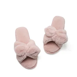 New design woman ladies faux rabbit fur fluffy plush bowknot open toes slipper
