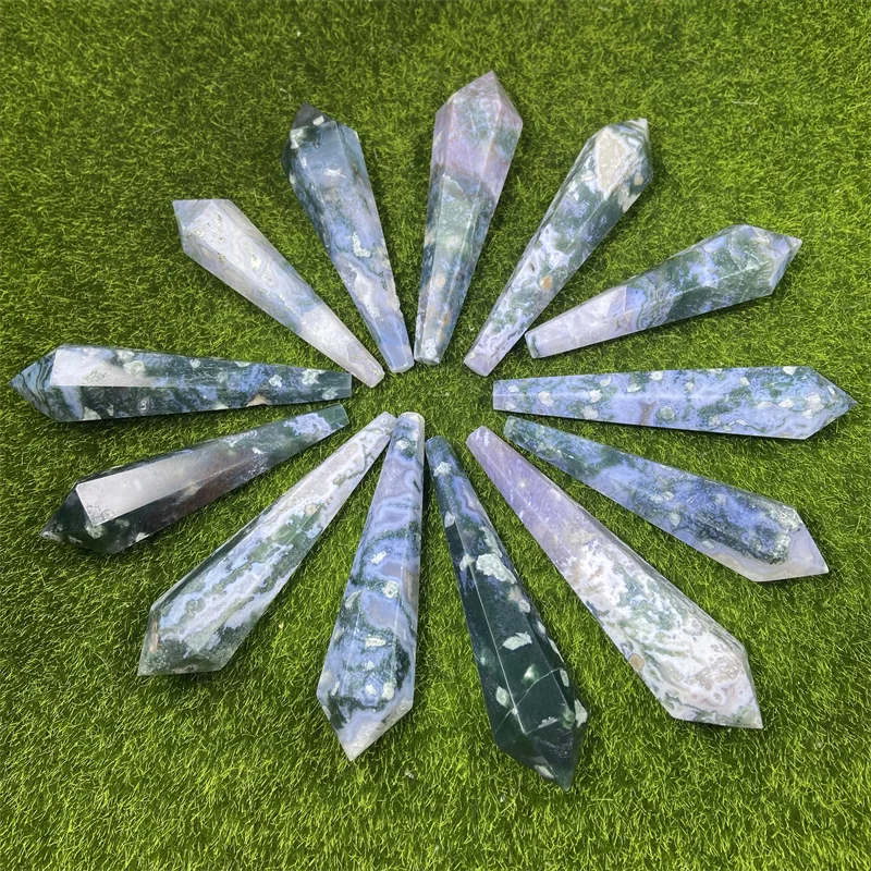 

Hot Sale Natural Crystal DIY Polished Point Tower Moss Agate Wand Obelisk For Ornament
