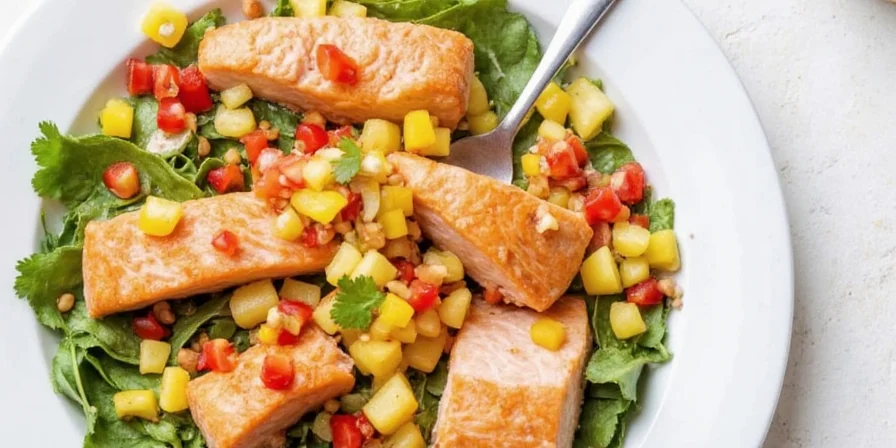 Finished plated salmon with pineapple salsa