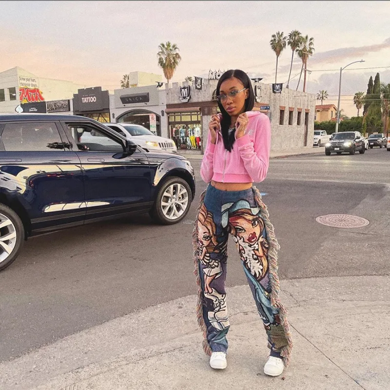 

RITZ Wholesale 2021 new high waist boy friend style fashion printed tassel women's trousers & pants, Photos show