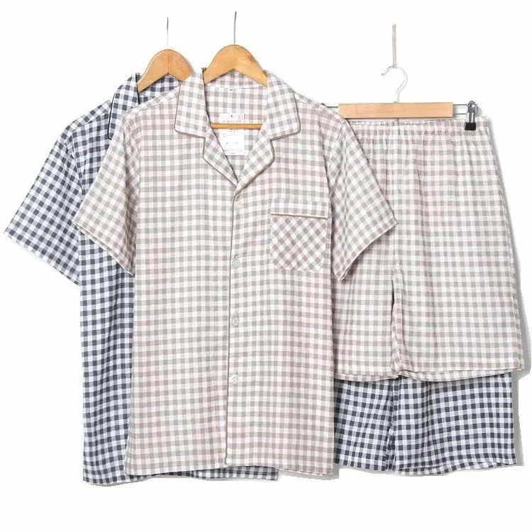 

Summer cotton double gauze pajamas men's short-sleeved shorts suit men's sleepwear lattice large size home service sleepwear sui, Required