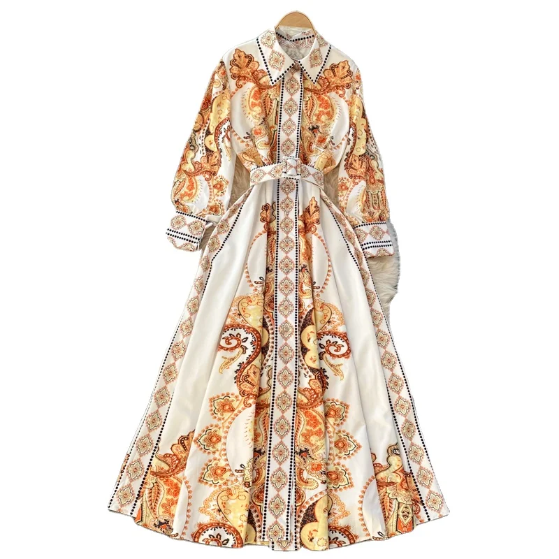 

Spring Autumn New Retro Outerwear Vintage Style Printed Turn-down Collar Vestido Hit Color Long Sleeve Dress Women Elegant Dress