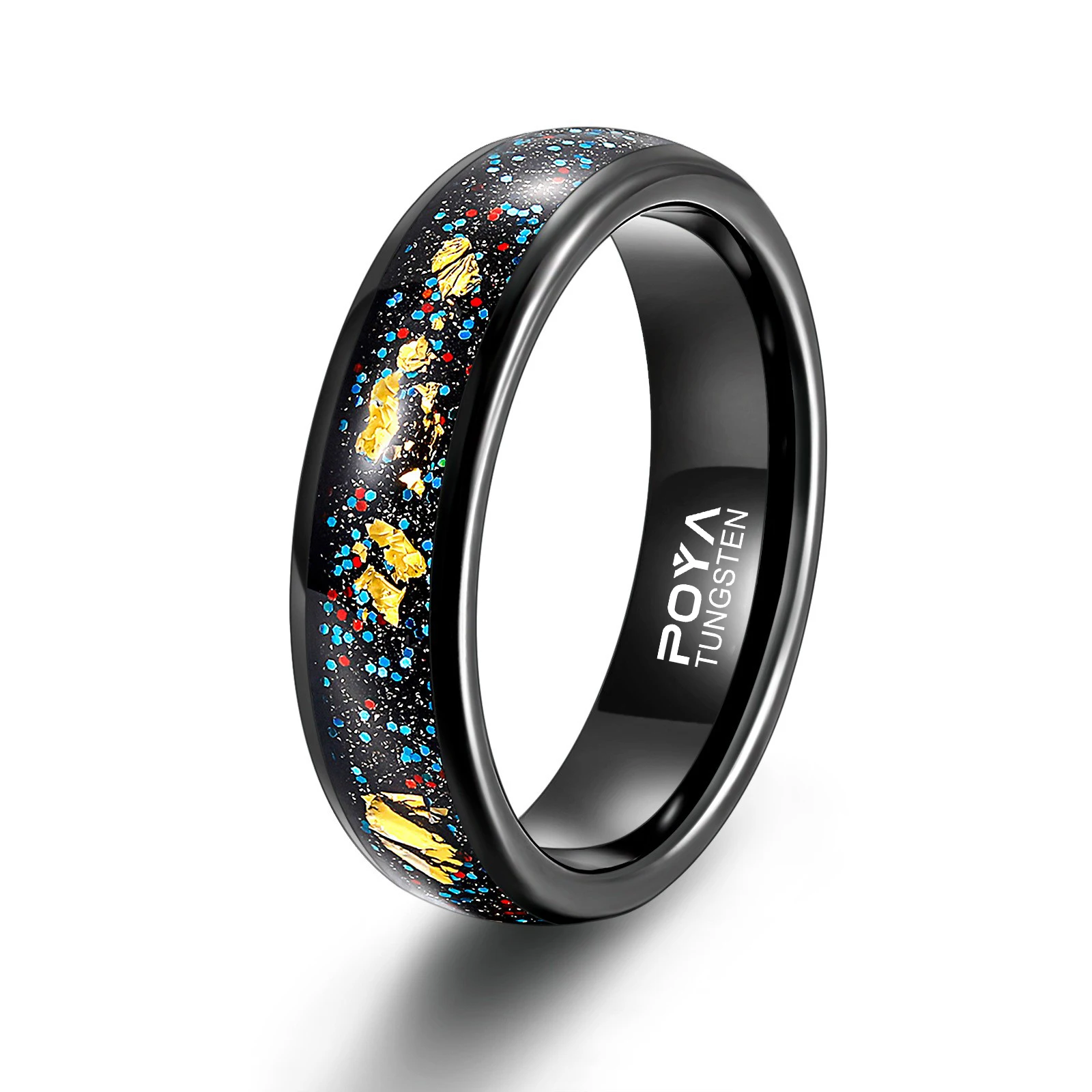 POYA Tungsten Galaxy Ring Sandstone 18K Gold Leaf Inlay 4mm 6mm Couple Wedding Band for Men Women
