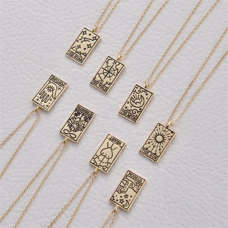 

Fashion Vintage Copper Engraved World Sun Moon Square Pendant Gold Plating Tarot Card Necklace