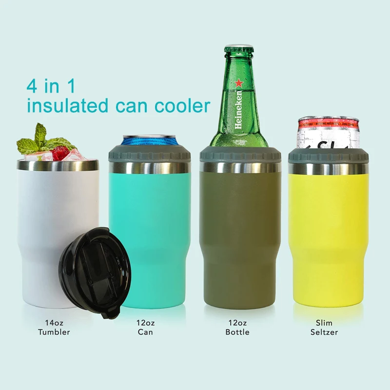 

Custom Stainless Steel 4 In 1 Tumbler Multi Stainless Double Wall Mug Vacuum Insulated Beer Cooler Can Cooler, Customized available