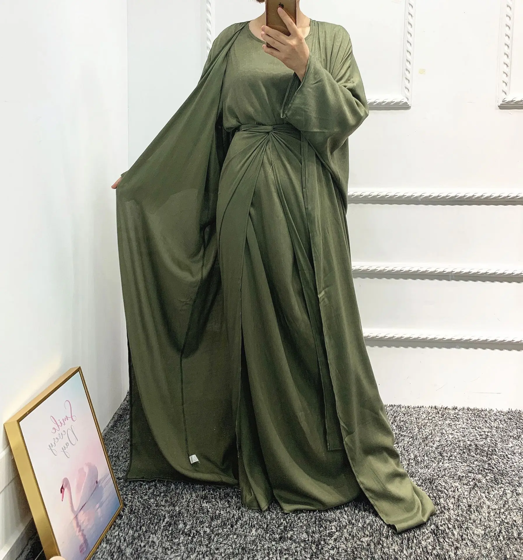 

New 3 pieces Abaya Sets Muslim Women Plain Modest Dress Kimono Open Cardigan Islamic Clothing, 4 colors in stock