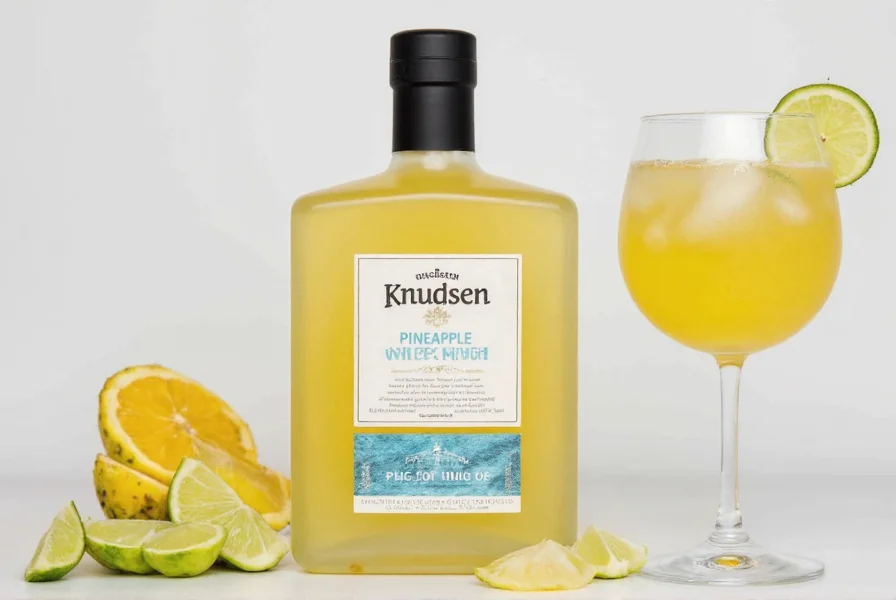 Knudsen pineapple ginger bottle next to cocktail glass with lime garnish