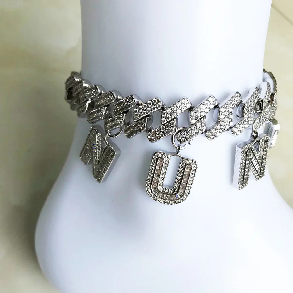 

DIY Initial Cuban Link Chain Iced Out custom Letter Anklet for Women Hip Hop Cuban Anklet Rhinestone Foot Jewelry Wholesale