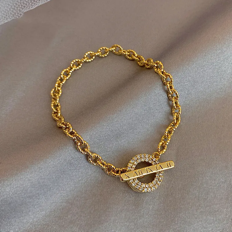 

Real Gold Plated Link Chain T Clasp Bracelet Gold Tone Clear Crystal Toggle Clasp Link Chain Bracelet