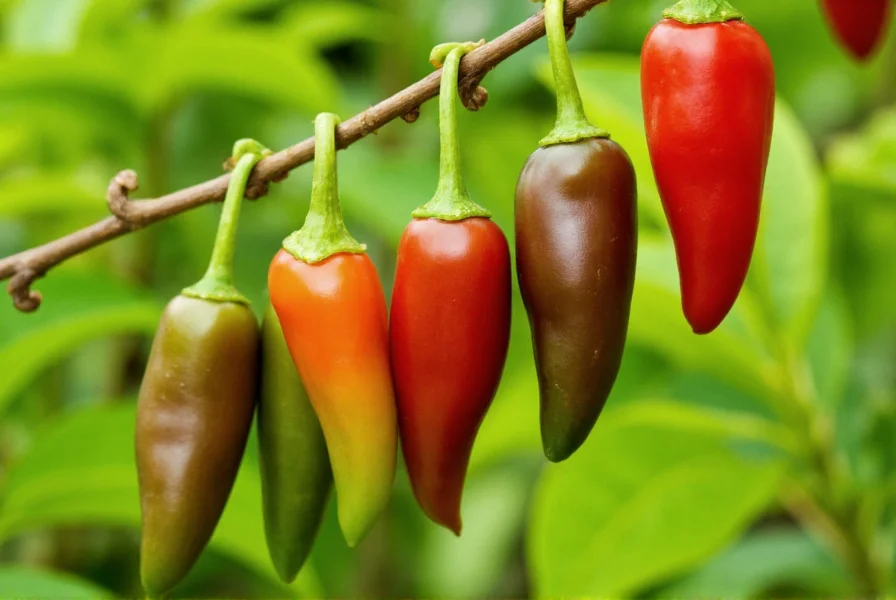 Close-up view of fresh Hatch peppers in various stages of ripeness hanging on a string