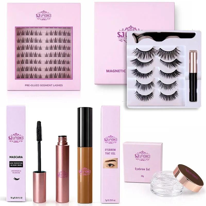 Full set lash packaging collection showing pink pre-glued segment box, pink magnetic lash and eyeliner kit box, mascara box with rose gold tube, eyebrow tint gel box and eyebrow gel box with glass jar - coordinated private label lash collection