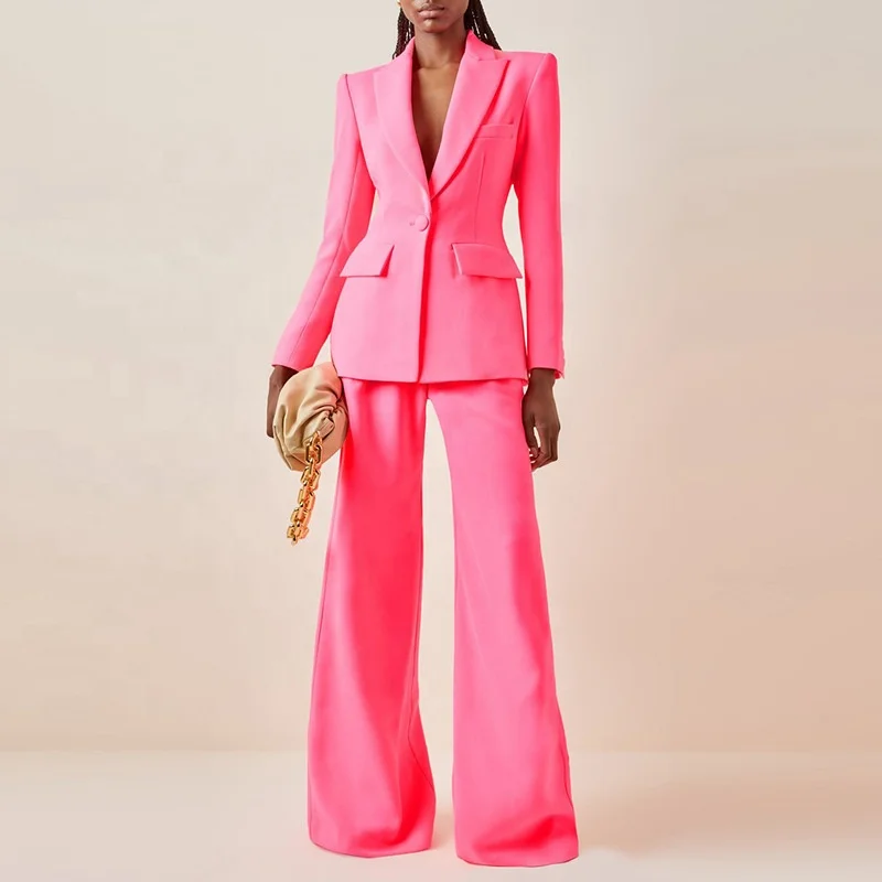 

OUDINA Fashion Blazers Set For Women One Button Casual Blazer And Flare Pants Two Piece Women Blazer Suit, Pink