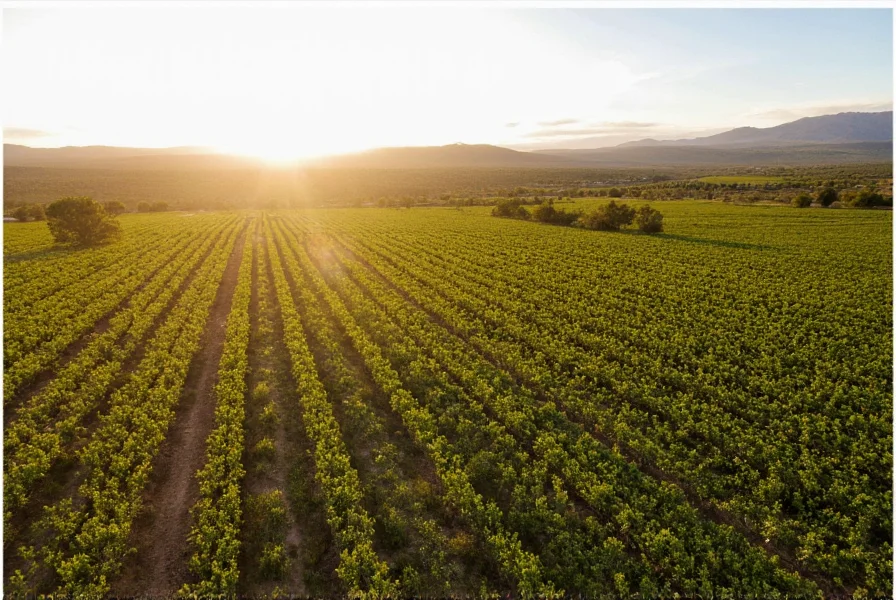Aerial view of Hatch Valley farms with rows of chili plants under New Mexico sunshine