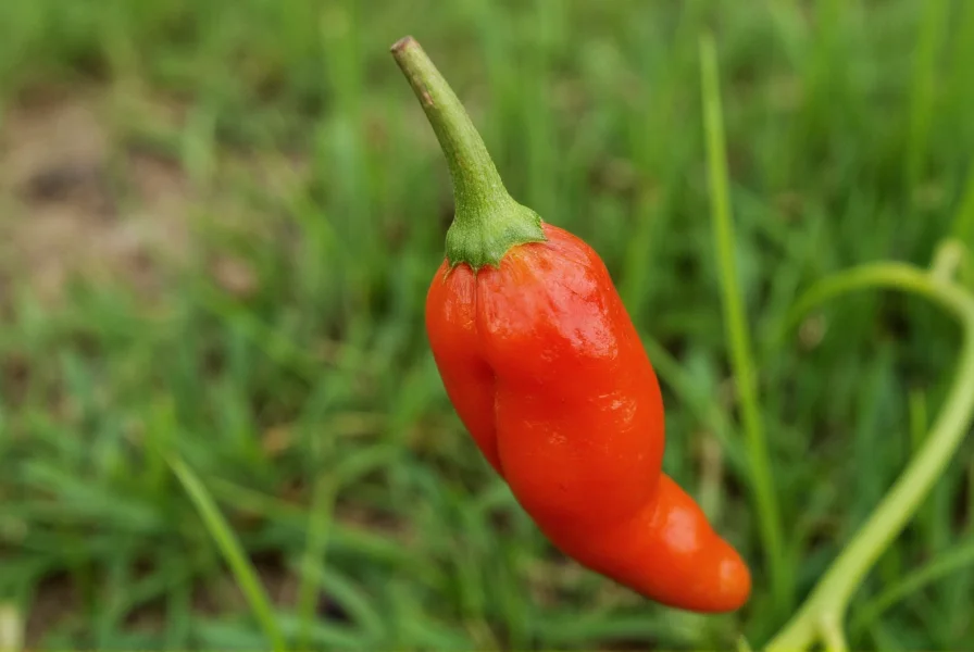 Close-up photograph of a ripe Naga chili pepper showing its characteristic wrinkled skin and tapered shape against a natural background