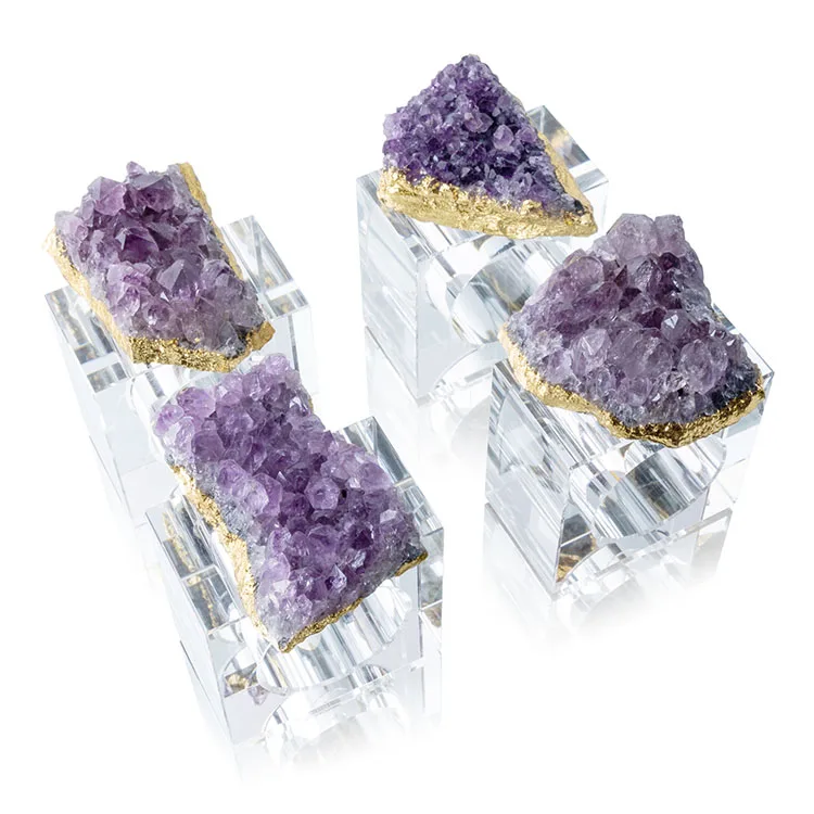 

Yase wholesale gold plated amethyst cluster napkin holders natural napkin rings for wedding table decoration accessories