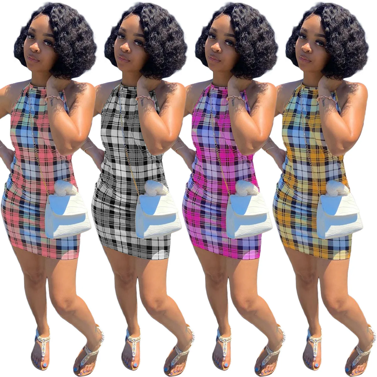 

ALS-253 Urban Style Women'S Halterneck Plaid Print Casual Dress, 4 colors