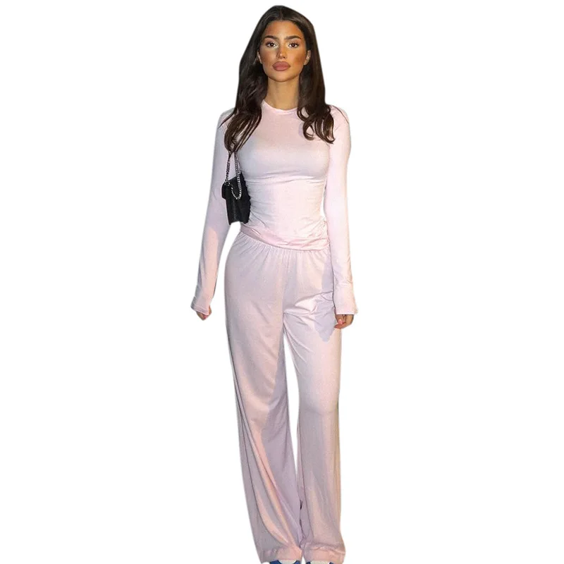 Solid Round Neck Top & Wide Leg Trousers Set