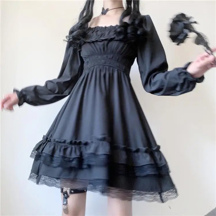 

Japanese Lolita Style Women Princess Black Mini Dress Slash Neck High Waist Gothic Dress Puff Sleeve Lace Ruffles Party Dresses, As show