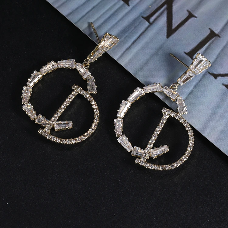 

High Quality Fashion Temperament Exaggerates Zircon Letter Earrings Jewelry women 14kgold earrings