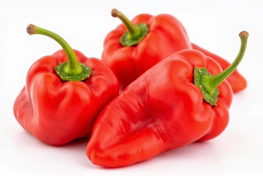 Close-up view of Pepper X peppers showing their wrinkled texture and vibrant red color against a white background