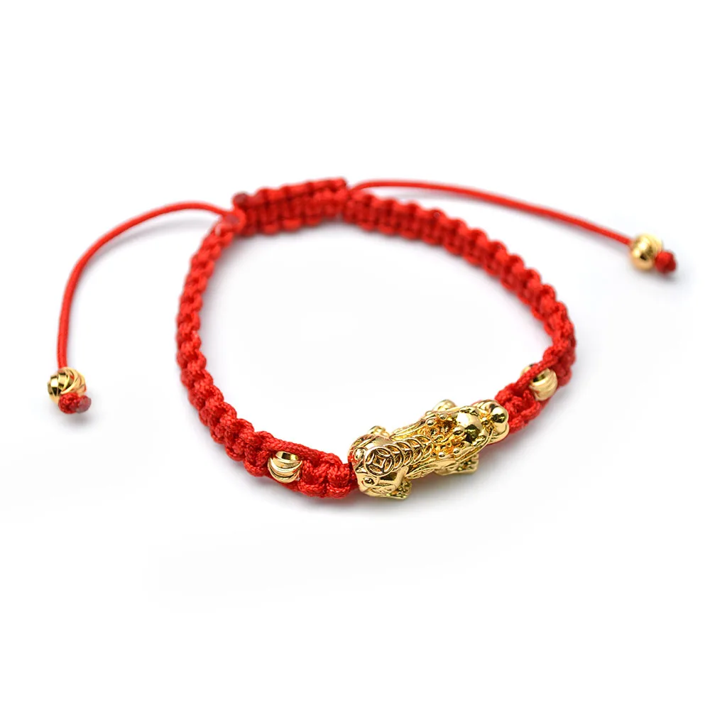 

Handmade Red Chinese Cord Gold Plated Money Pixiu Charm Bracelets Man's Jewelry