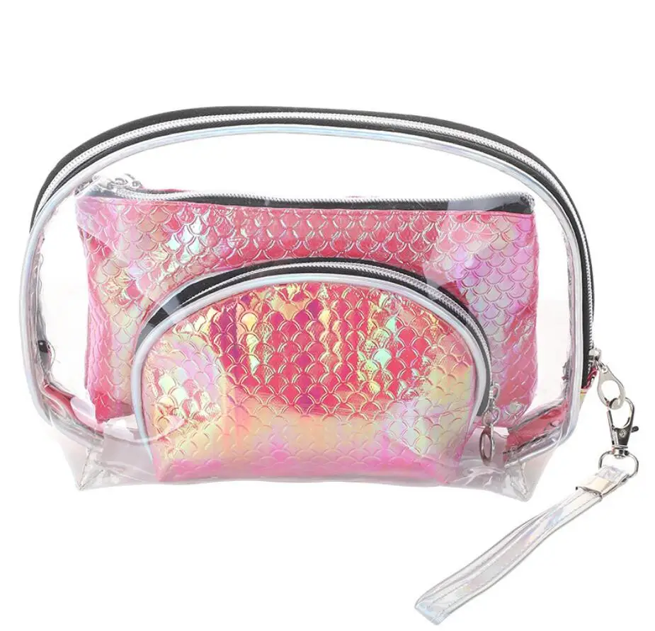 

wholesale cute lady women kids 3 piece per set shiny pvc pu cosmetic bag, 4 colors can choose