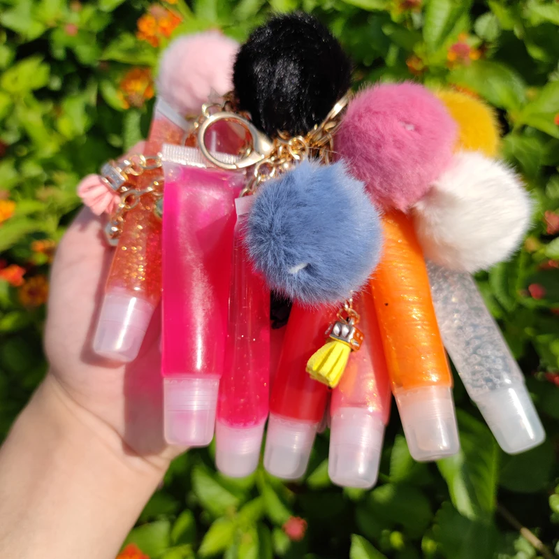 

Plush Necklace toy Lipgloss Private Label Clear Custom Key Chain Vegan Glitter Wholesale Natural Shimmer Pompoms Fruit Lip Gloss, Customization welcome