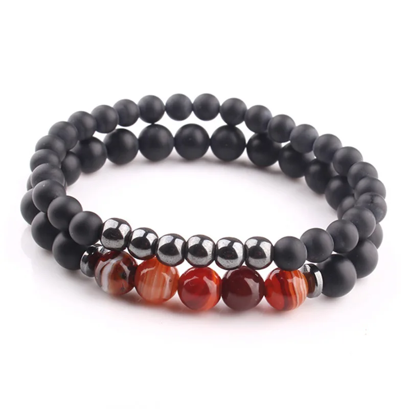 

6/8mm matte stone beads bracelet for men women natural stripes agate elastic bracelet set (KB8451), As picture