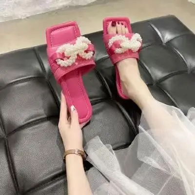 

2021 new arrivals shoes casual slip on slippers female summer wear trend pearl flat bottom home wear new design flat slides, Picture colors