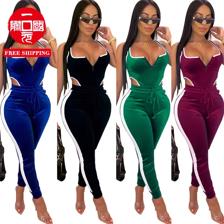 

Sleeveless hollow zipper open back stitching flannel tight women's suits