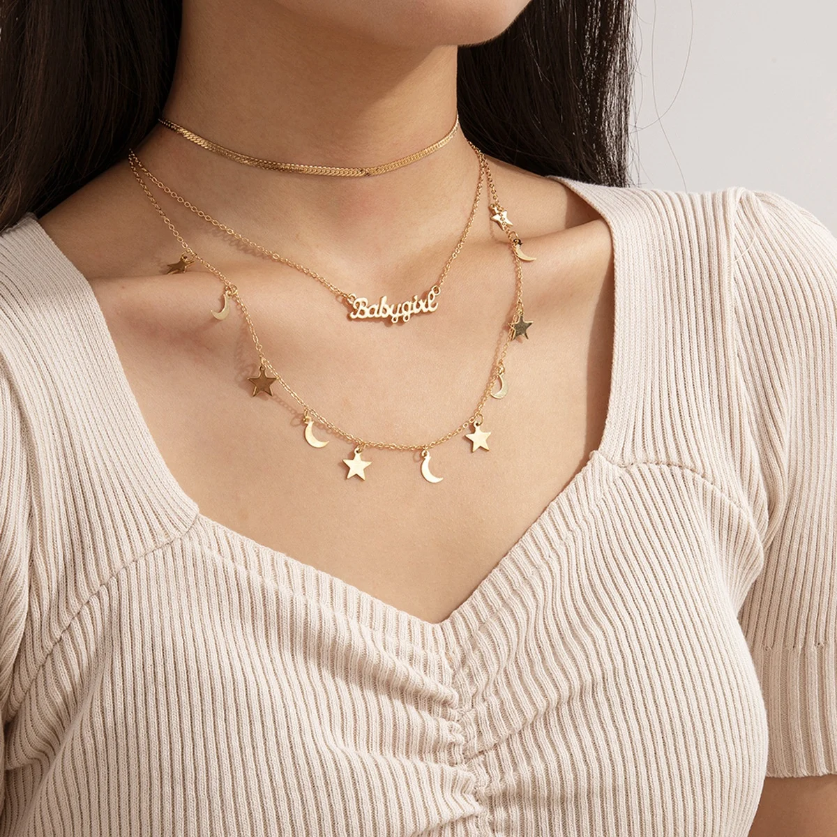

Star Moon Necklace Woman Snake Chain Multilayer Women Necklaces Jewelry Ladies Pendant Gold Color Trendy European necklace, Picture shows