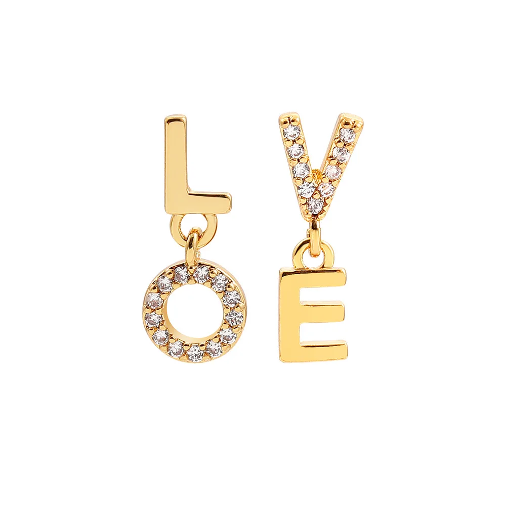 

2021 Trend Shiny Cubic Zircon Letter LOVE Drop Earring 18K Gold Plated Letter Hanging Earrings For Girls