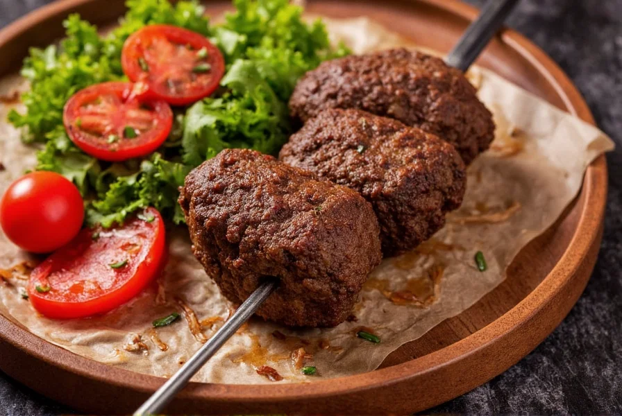 Traditional Turkish kofte kebab served with fresh vegetables and flatbread