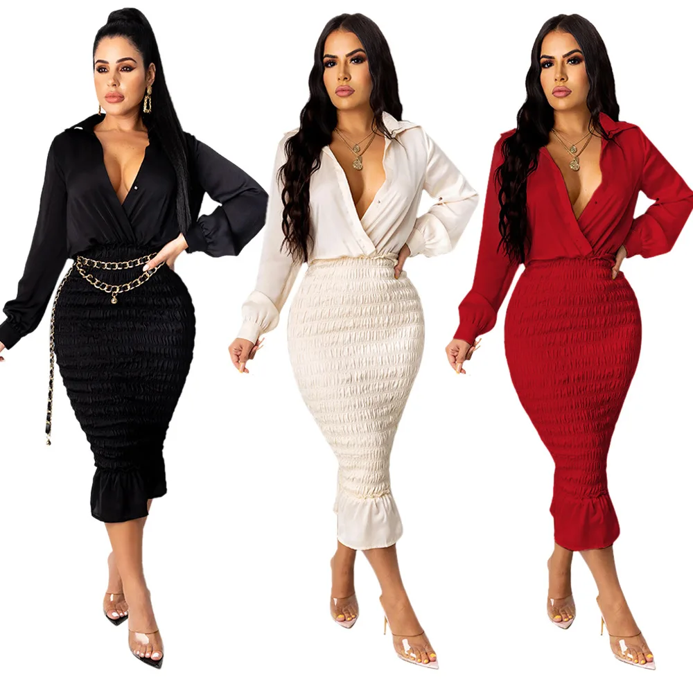 

High Quality Solid Color V-Neck Long Sleeve Ladies Slim Dress Nightclub Dress, 3 colors