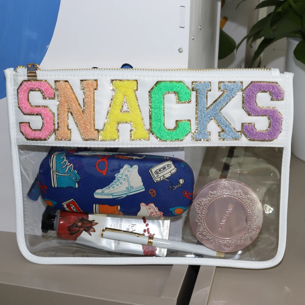 

Keymay 2022 New Designer SNACKS Letters on Patches Diy Embroidery Nylon Bag Travel Toiletry Pouch Pvc Bag Clear Cosmetic Bag